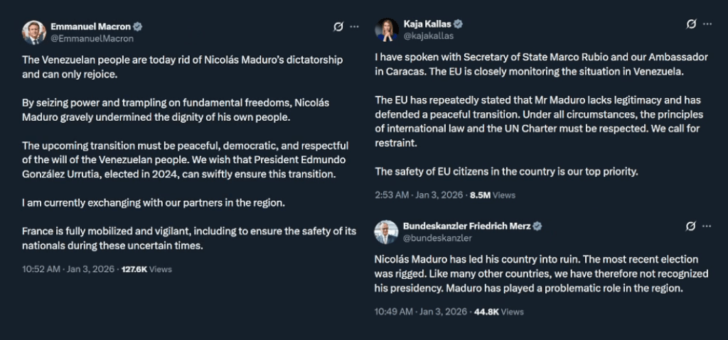 Reactions of EU politicians for Maduro capture by US.