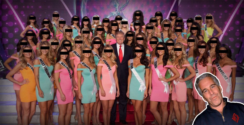 Trump with Teen America contestants on stage. All girls have their eyes "redacted". In the right corner, Epstein added.